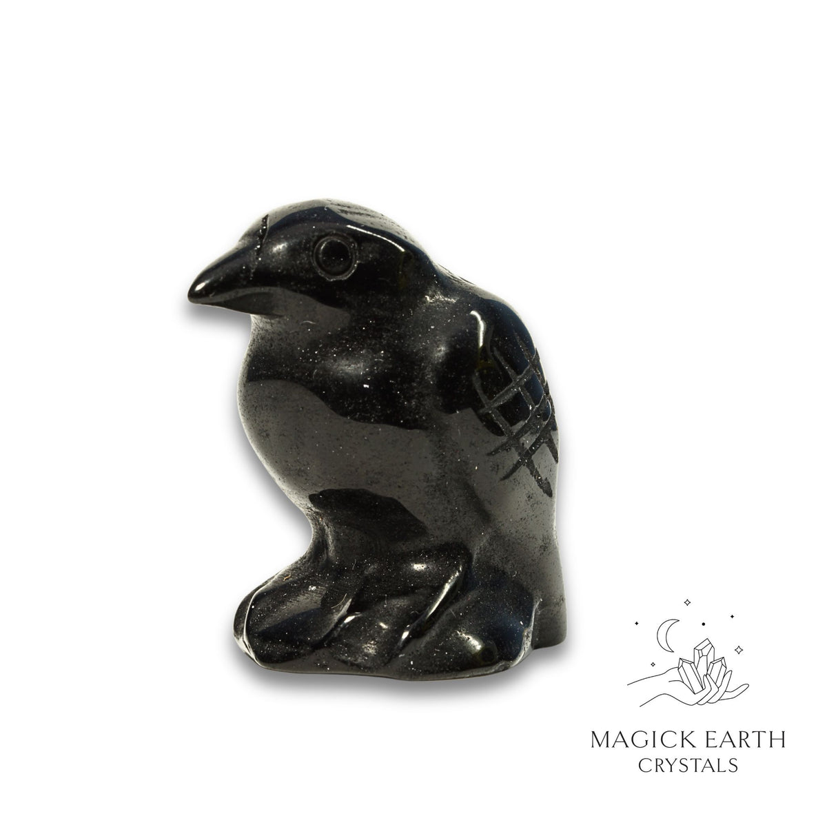 Natural Obsidian crow figurine view b