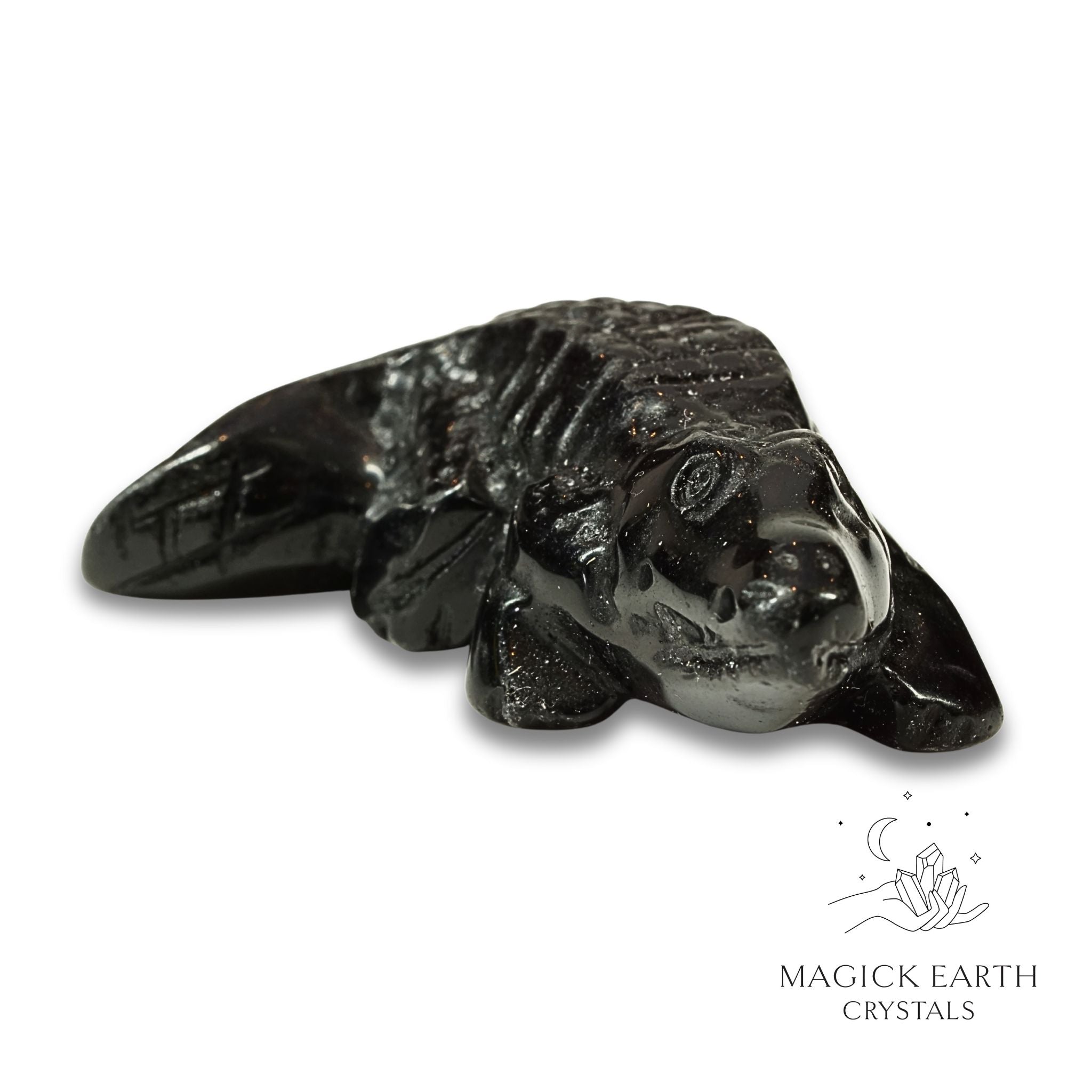 Natural Obsidian crystal crocodile figurine front view