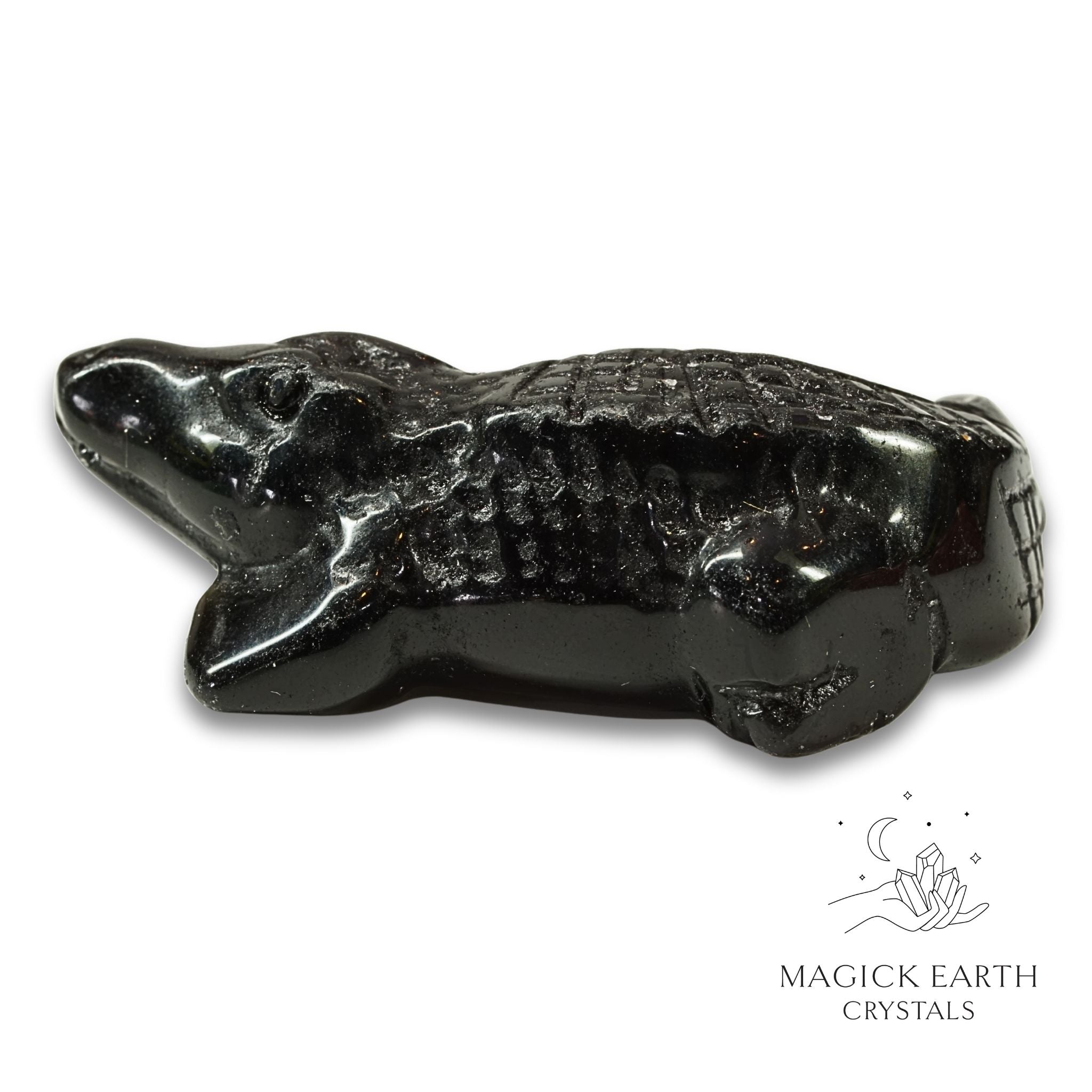 Natural Obsidian crystal crocodile figurine left view