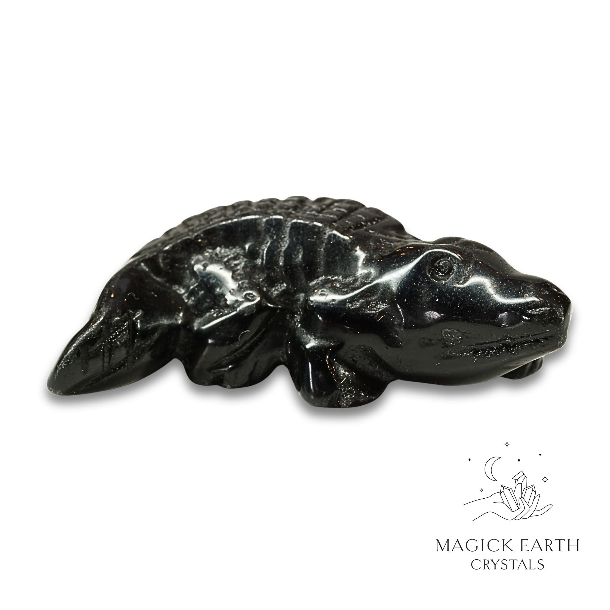 Natural Obsidian crystal crocodile figurine right view
