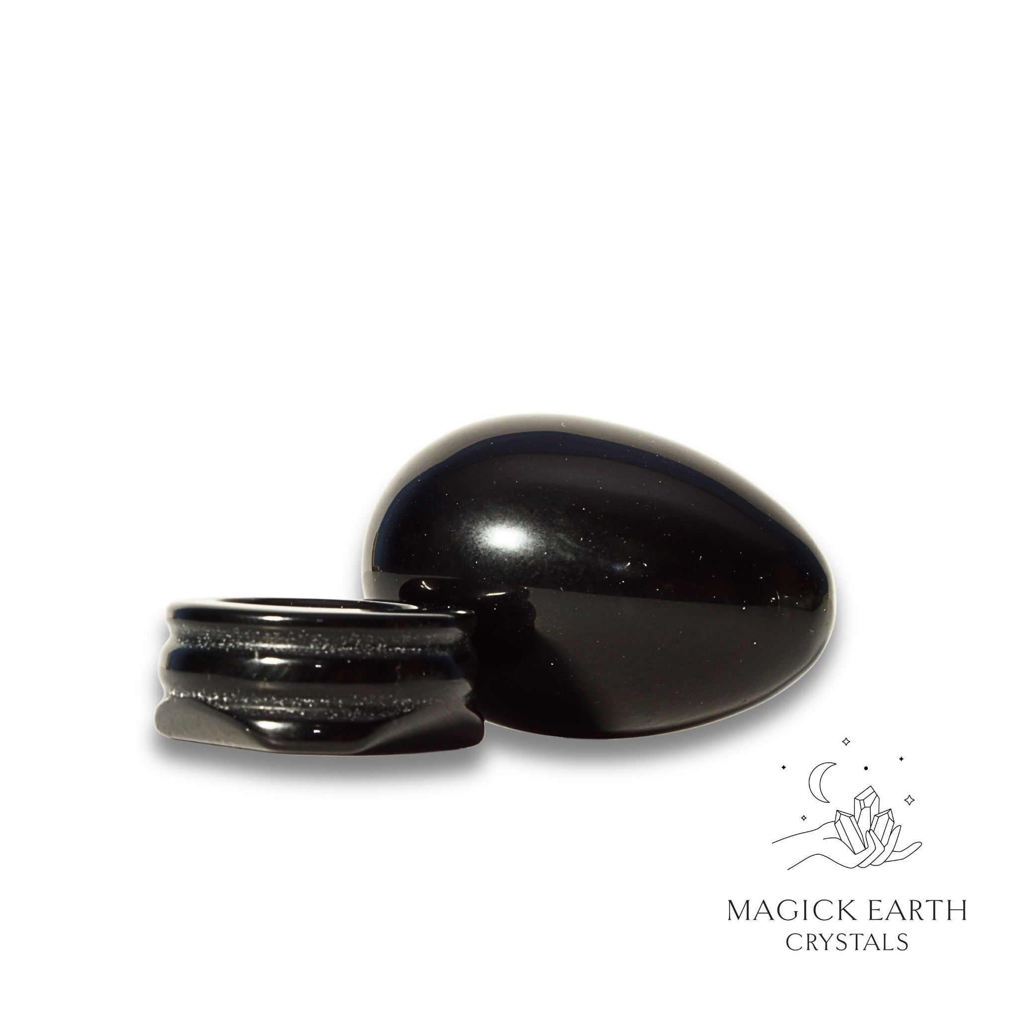 Natural Obsidian crystal egg with stand view c