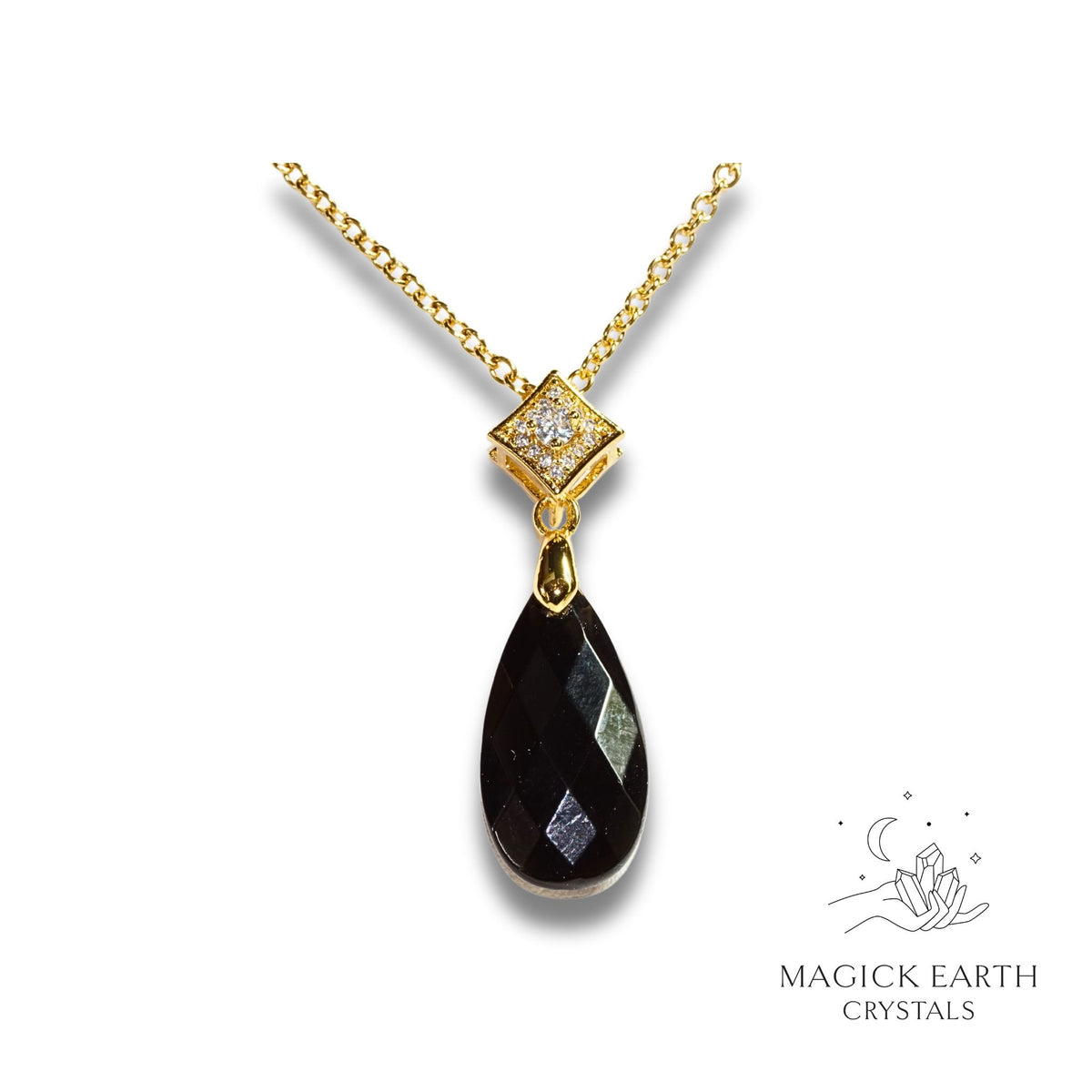 Natural Obsidian crystal faceted teardrop pendant view a