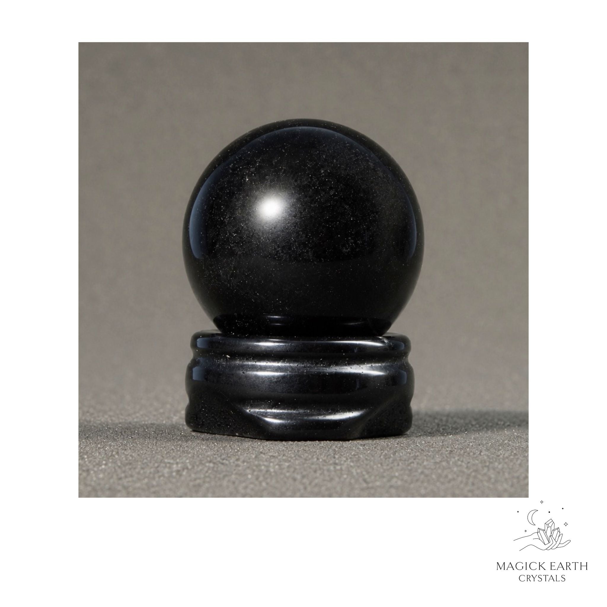 Natural Obsidian crystal sphere with Obsidian Stand view a