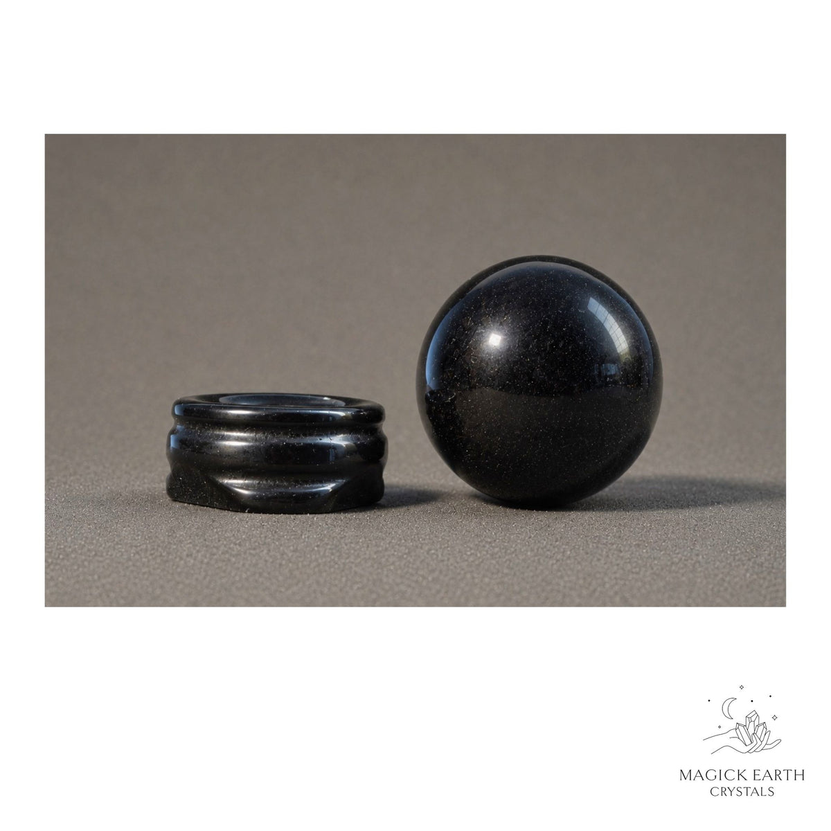 Natural Obsidian crystal sphere with Obsidian Stand view b