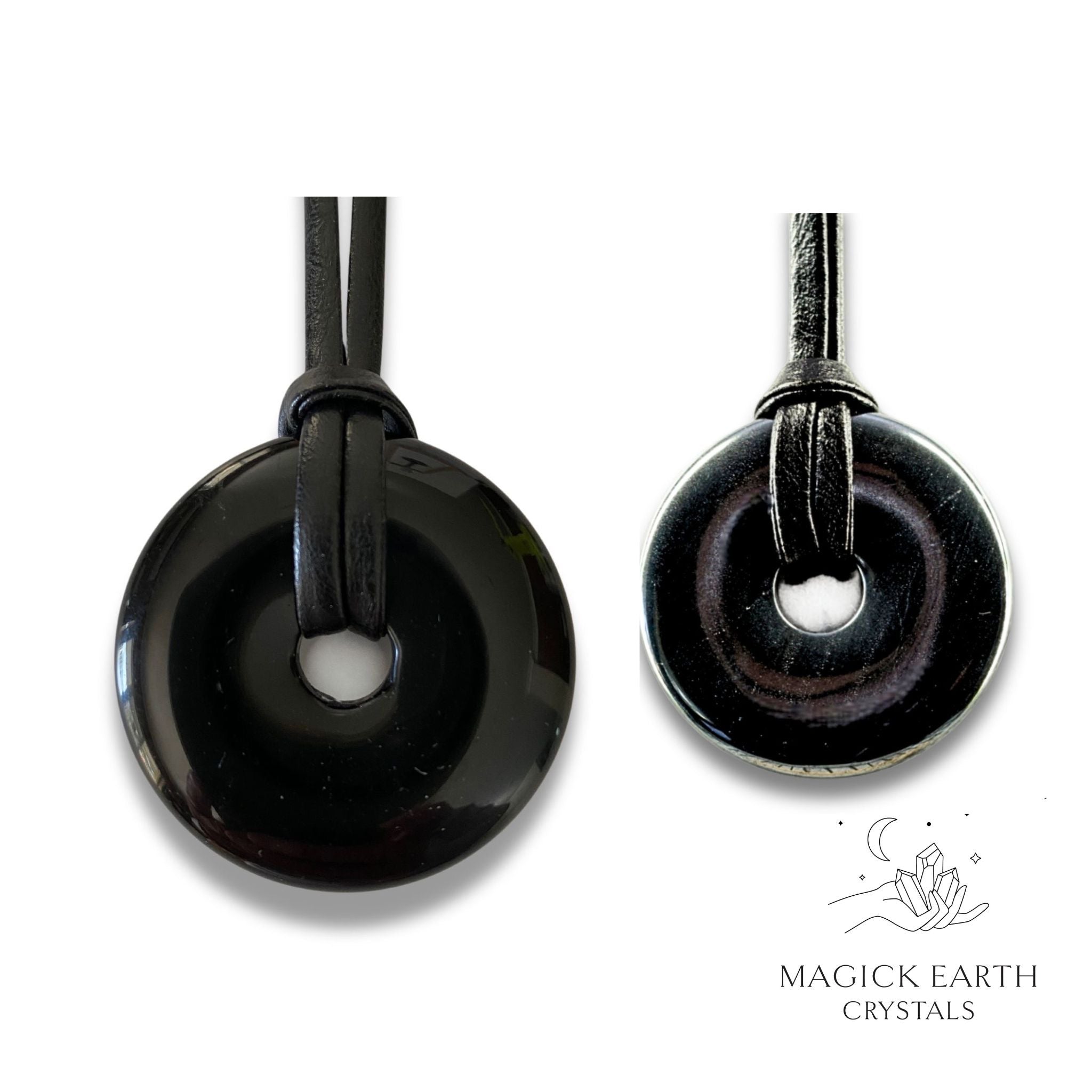 Natural obsidian donut pendants in two sizes hanging from black vegan cords arranged left to right from large to small