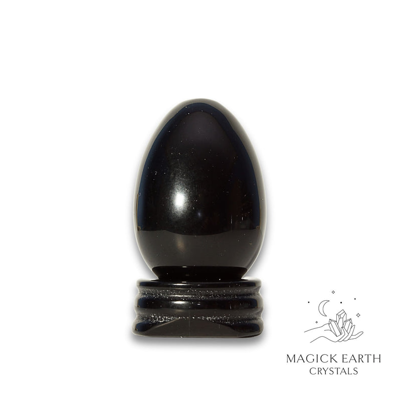 Obsidian Crystal Egg on Matching Stand Vertical View B for Tough Love Protection