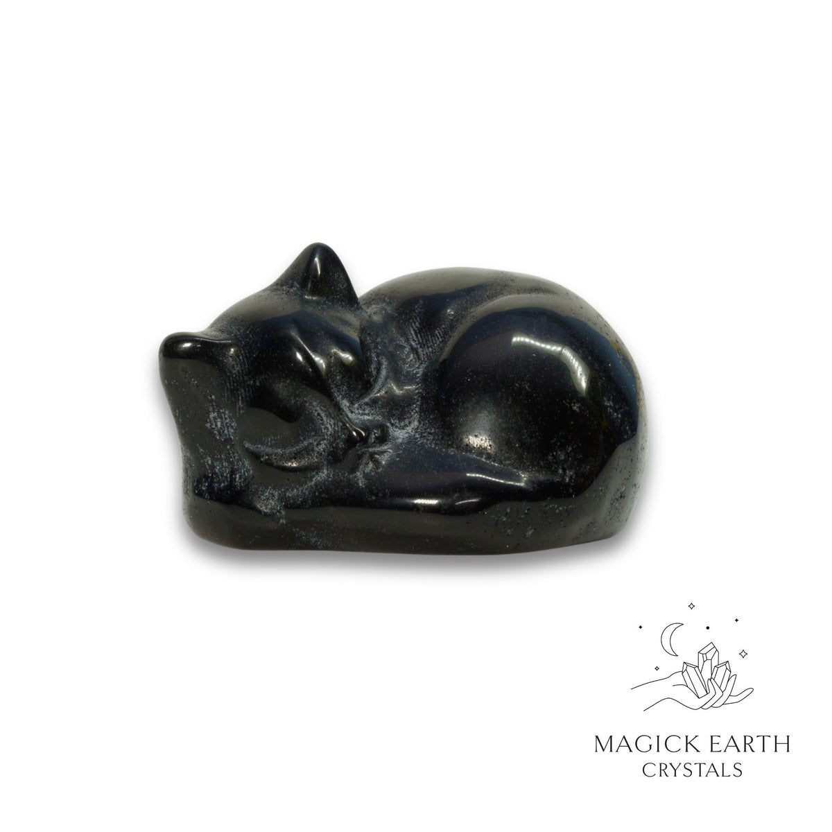 Natural Obsidian sleeping cat figurine view a