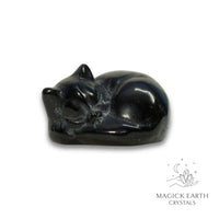 Natural Obsidian sleeping cat figurine view a