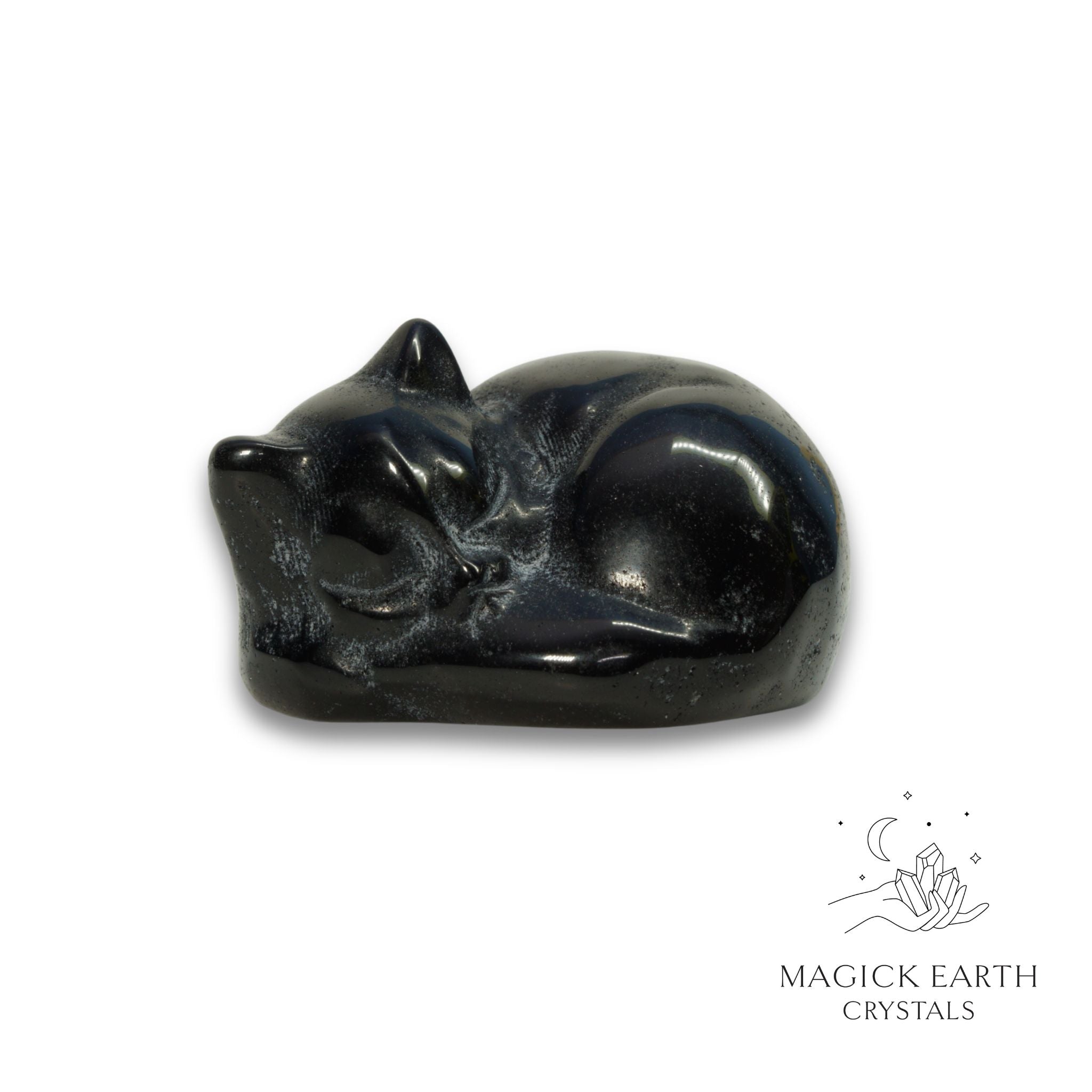 Natural Obsidian sleeping cat figurine view a