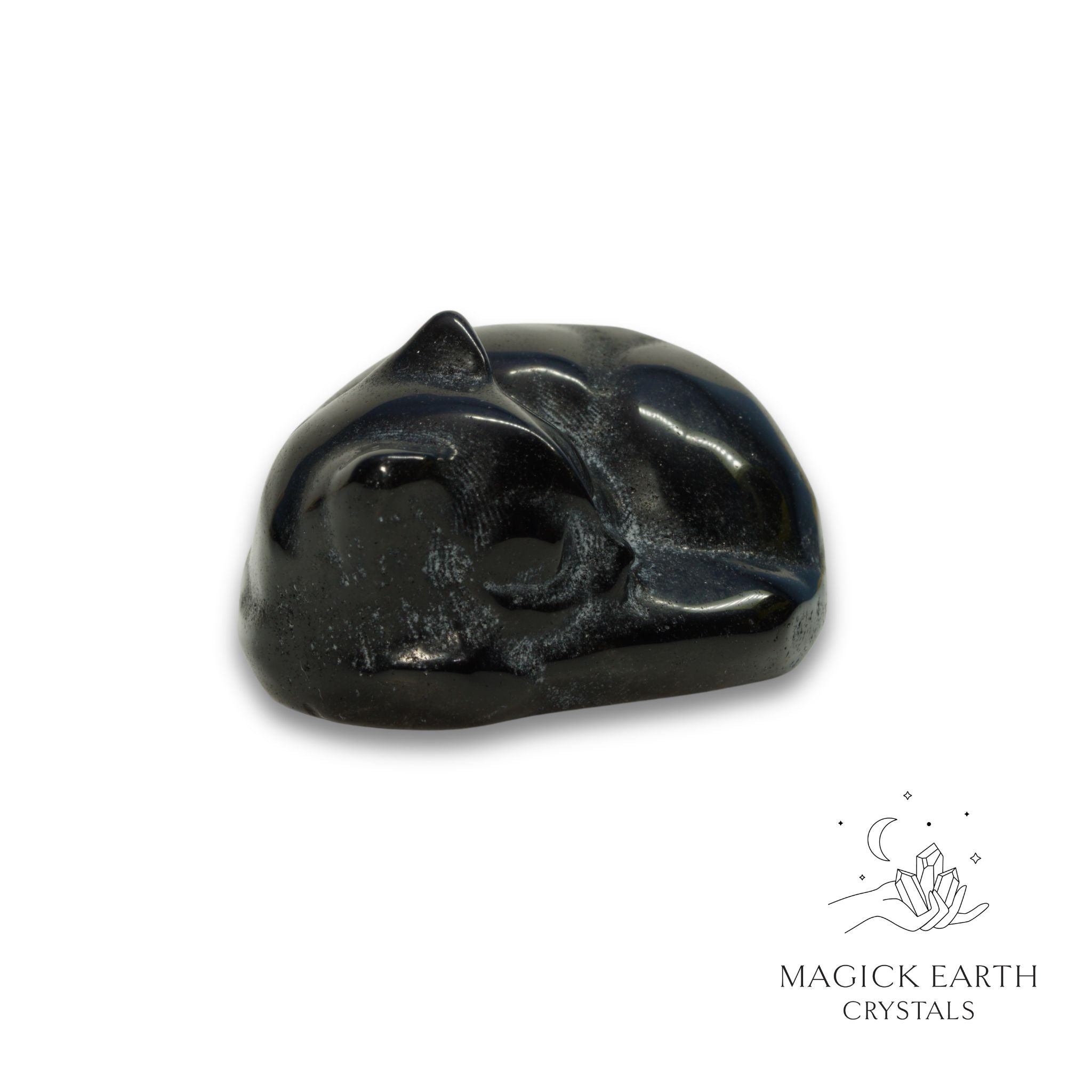 Natural Obsidian sleeping cat figurine view b