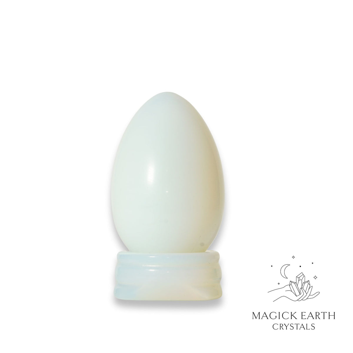 Natural Opalite crystal egg with stand view a