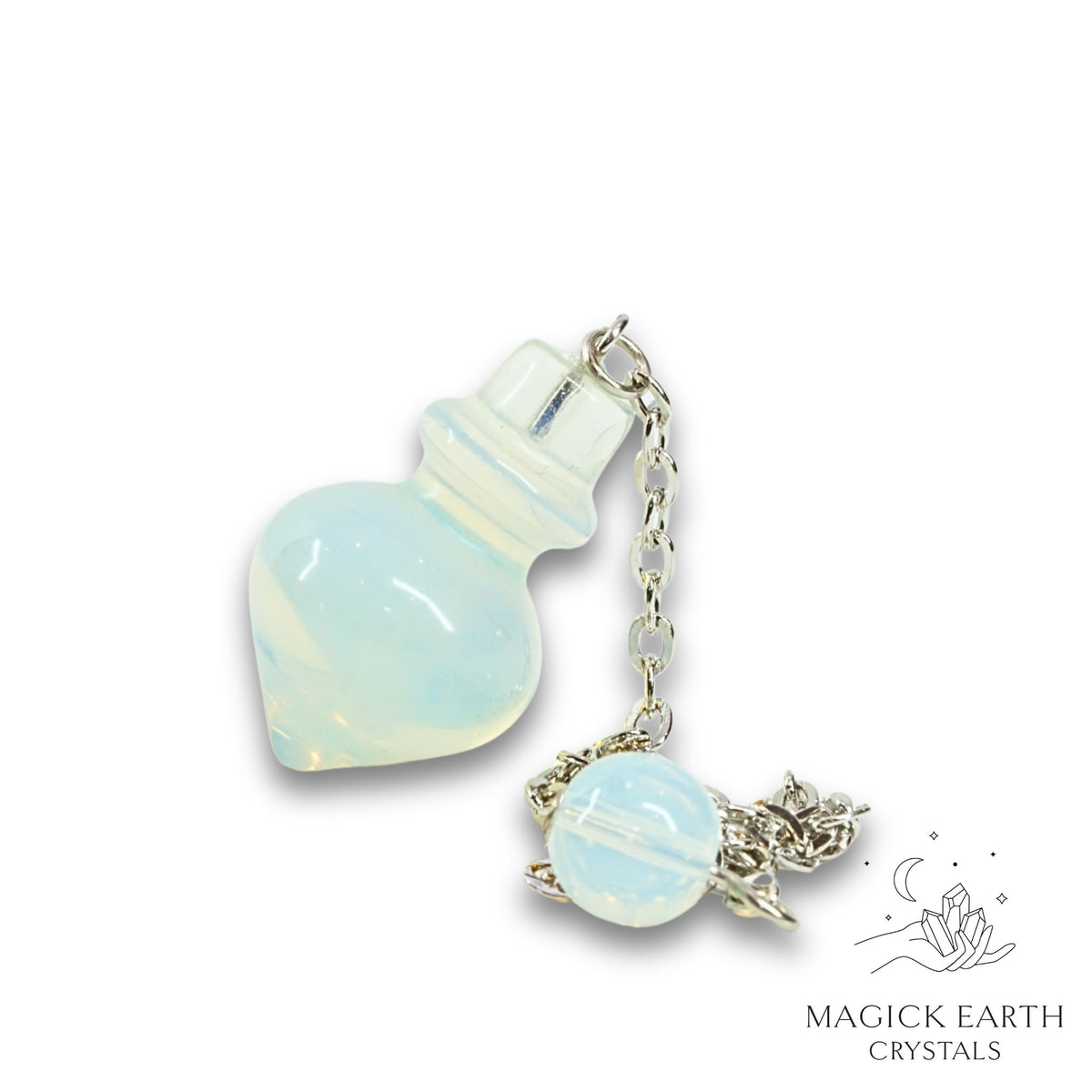 Natural Opalite crystal flask pendulum view a