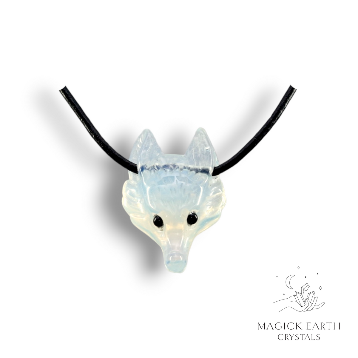 Natural Opalite crystal fox pendant with an adjustable black leather cord