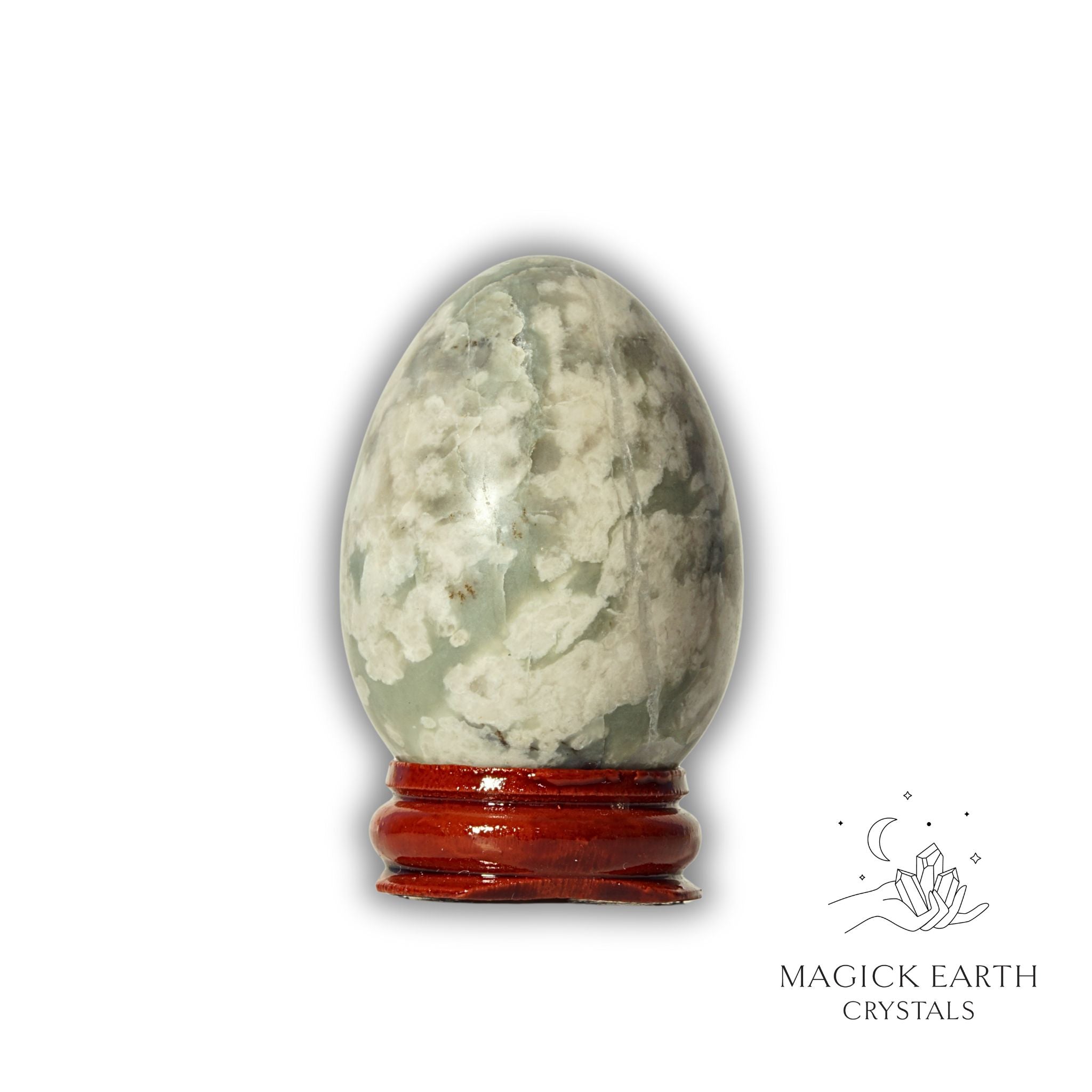 Peace Jade Crystal Egg On Stand Vertical View A for Balanced Compassion
