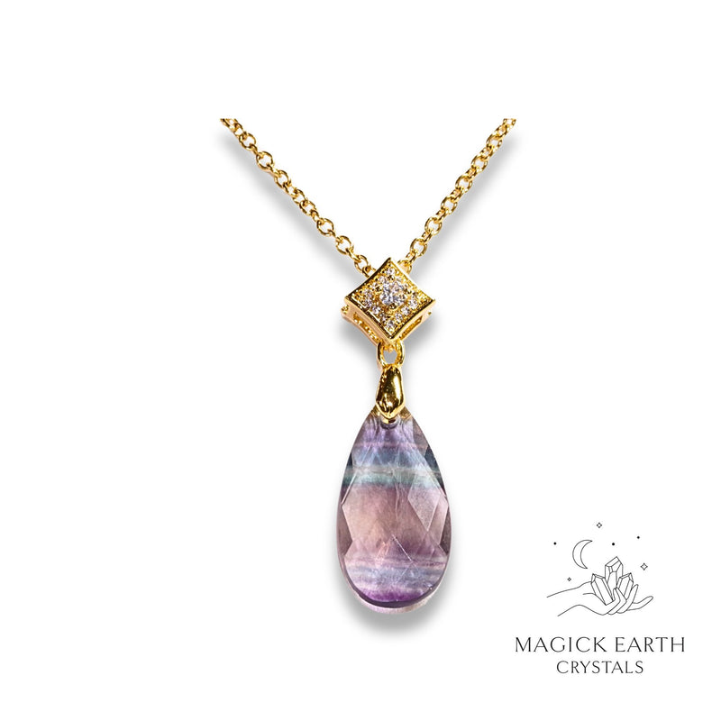 Purple Fluorite Crystal Gemstone Faceted Teardrop Pendant With Cubic Zirconia Bail With Gold Finish