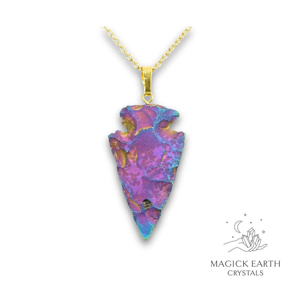 Electroplated Quartz Arrowhead pendant with Pink Rainbow Colouring and Gold Finish for Amplified Insight. Front View