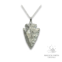 Electroplated Quartz Arrowhead pendant with Platinum Colouring and Platinum Finish for Amplified Insight. Front View