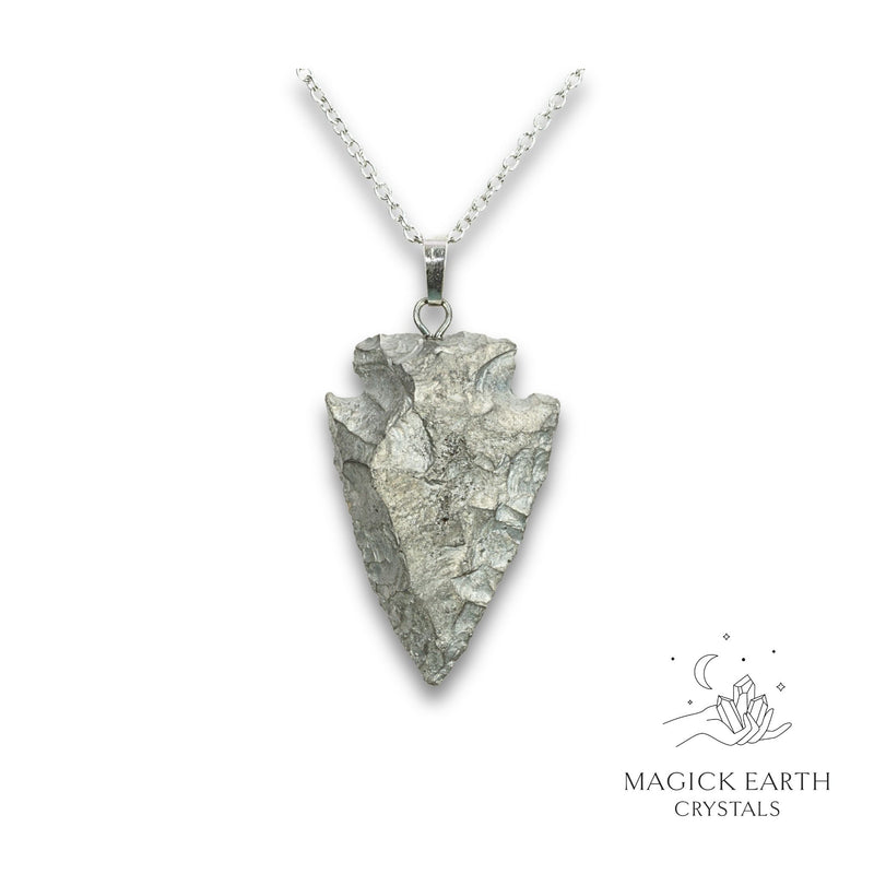 Electroplated Quartz Arrowhead pendant with Platinum Colouring and Platinum Finish for Amplified Insight. Front View