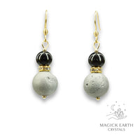 Platinum Electroplated Druzy Geode and Obsidian Earrings With Gold Finish