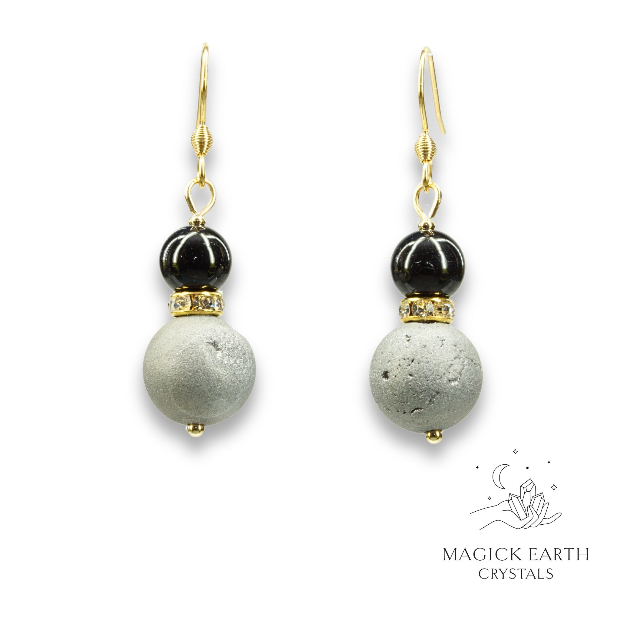 Platinum Electroplated Druzy Geode and Obsidian Earrings With Gold Finish
