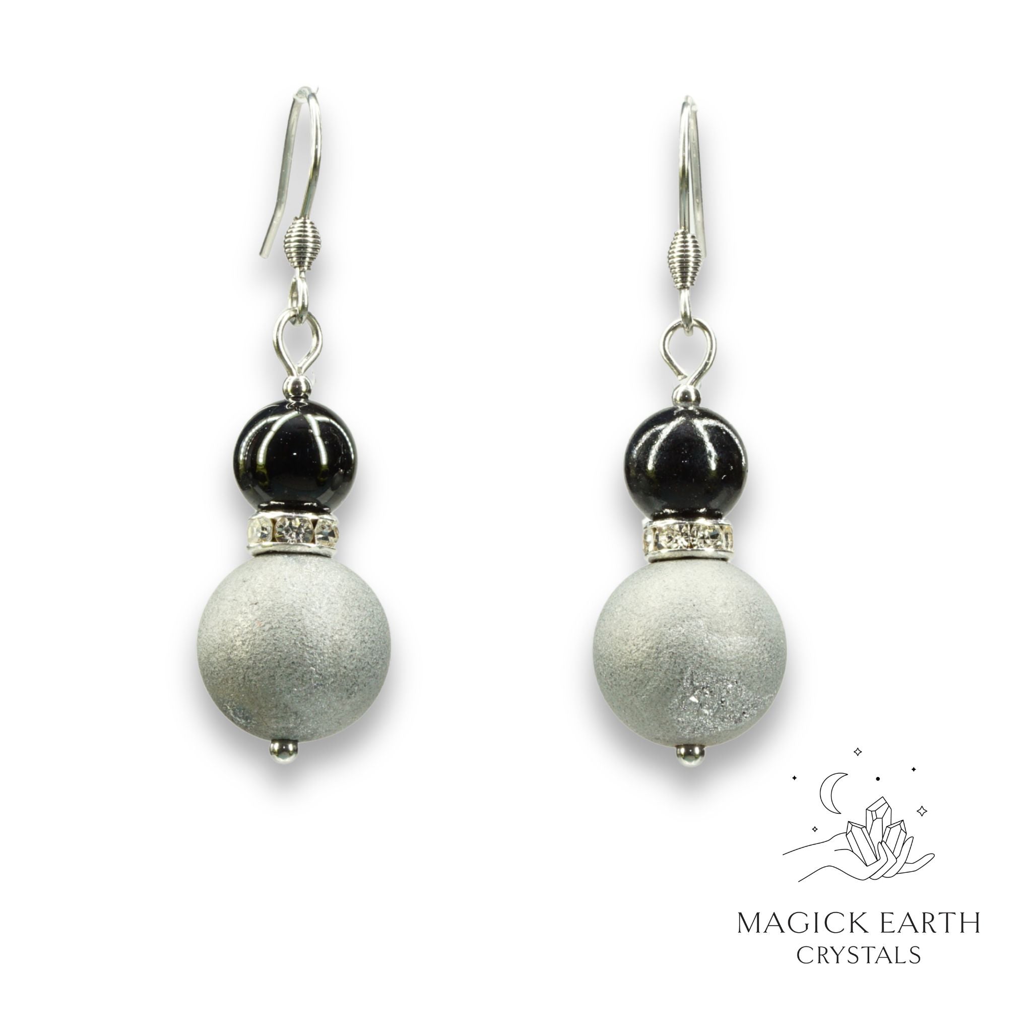 Platinum Electroplated Druzy Geode and Obsidian Earrings With Platinum Finish