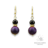 Purple Electroplated Druzy Geode and Obsidian Earrings With Rhinestone Spacers Gold Finish