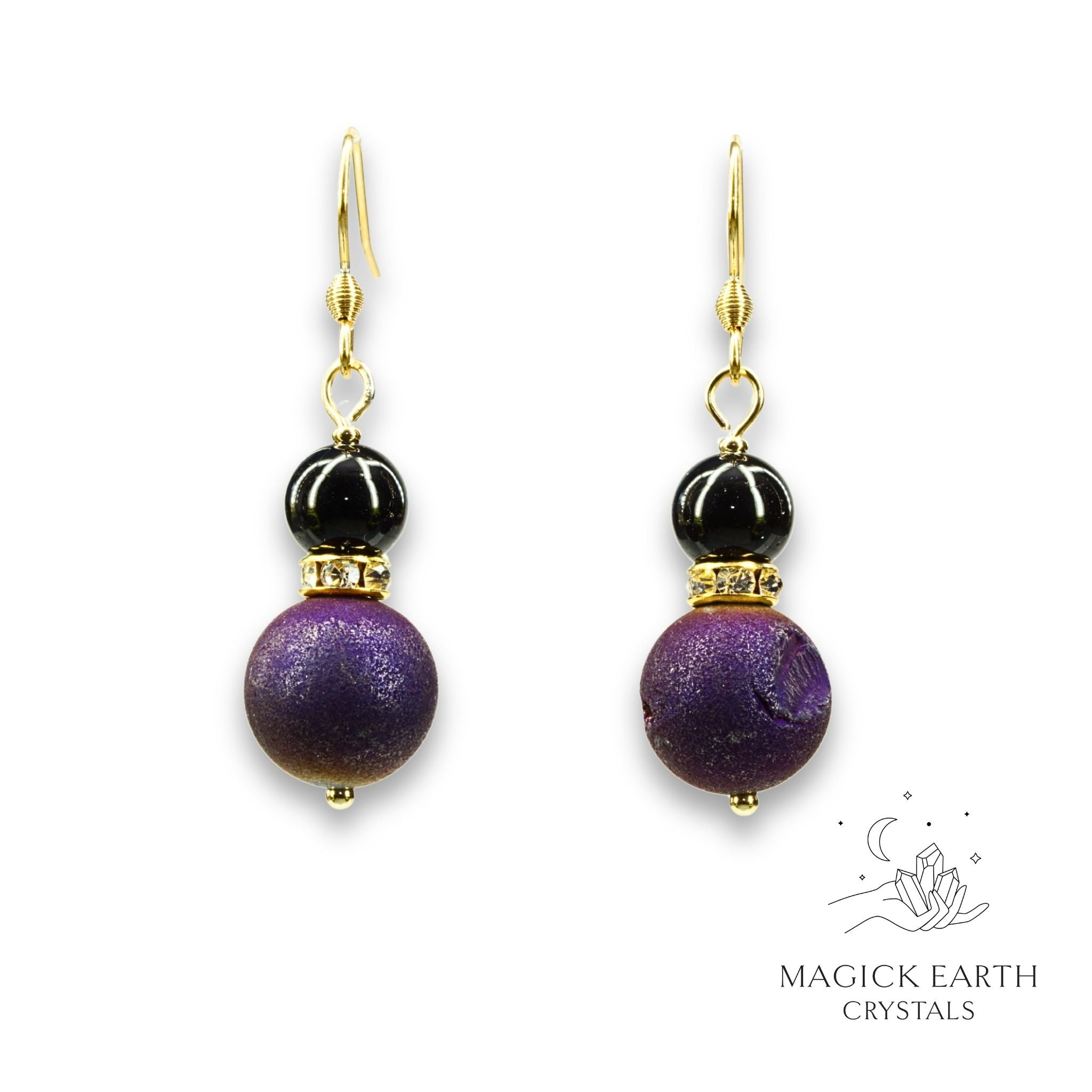 Purple Electroplated Druzy Geode and Obsidian Earrings With Rhinestone Spacers Gold Finish