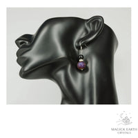 Teal Electroplated Druzy Geode and Obsidian Earrings With Platinum Finish On Display Head