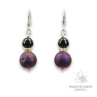 Purple Electroplated Druzy Geode and Obsidian Earrings With Rhinestone Spacers Platinum Finish