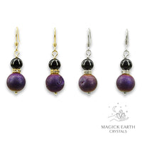 Purple Electroplated Druzy Geode and Obsidian Earrings With Rhinestone Spacers in Gold or Platinum Finish