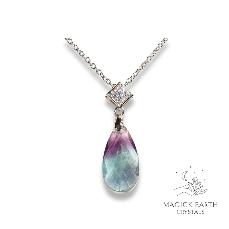 Purple Fluorite  Faceted Teardrop Pendant  with Platinum Finish For Laser Focus