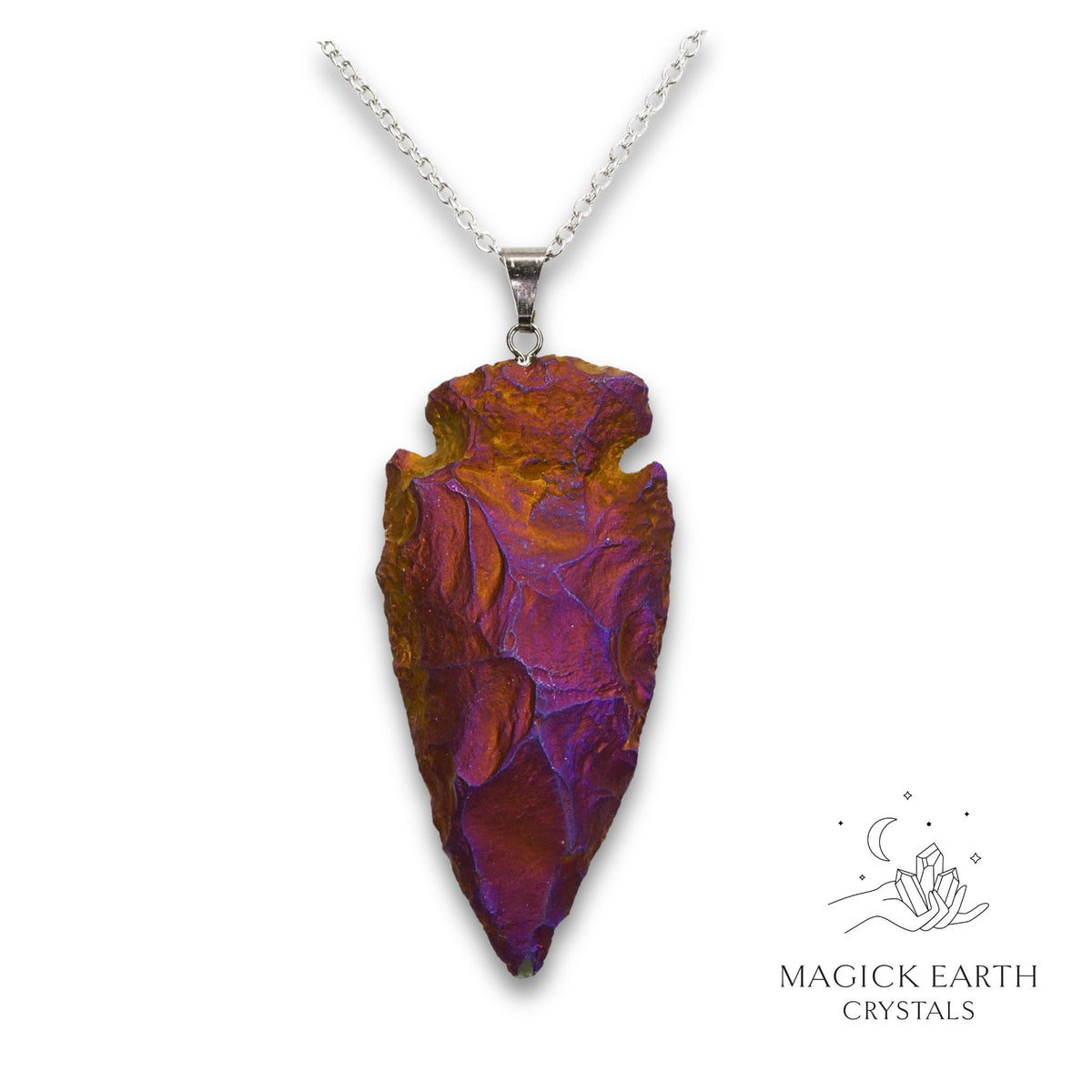 Quartz arrowhead pendant with electroplated purple finish front view

