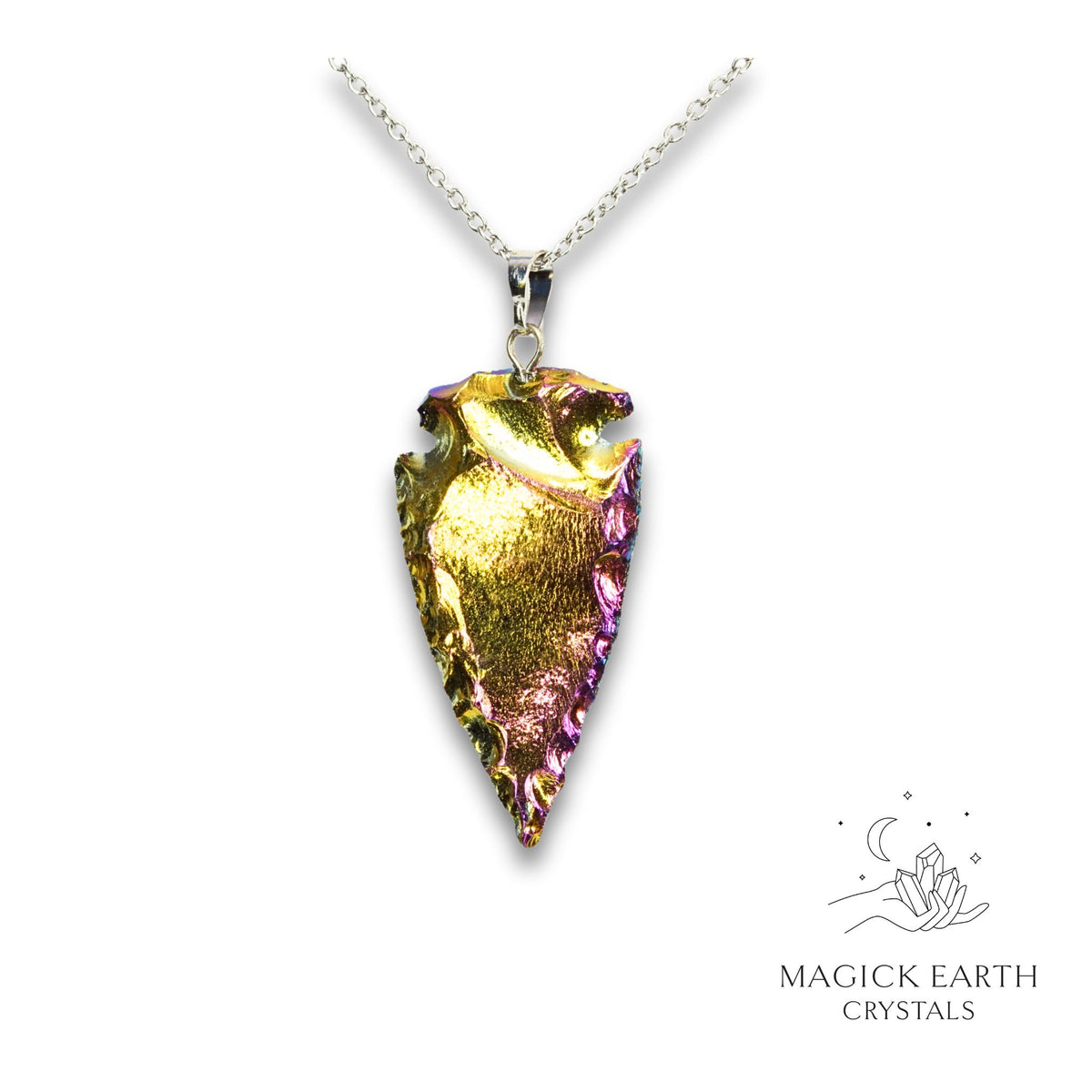 Quartz arrowhead pendant with electroplated yellow rainbow finish front view
