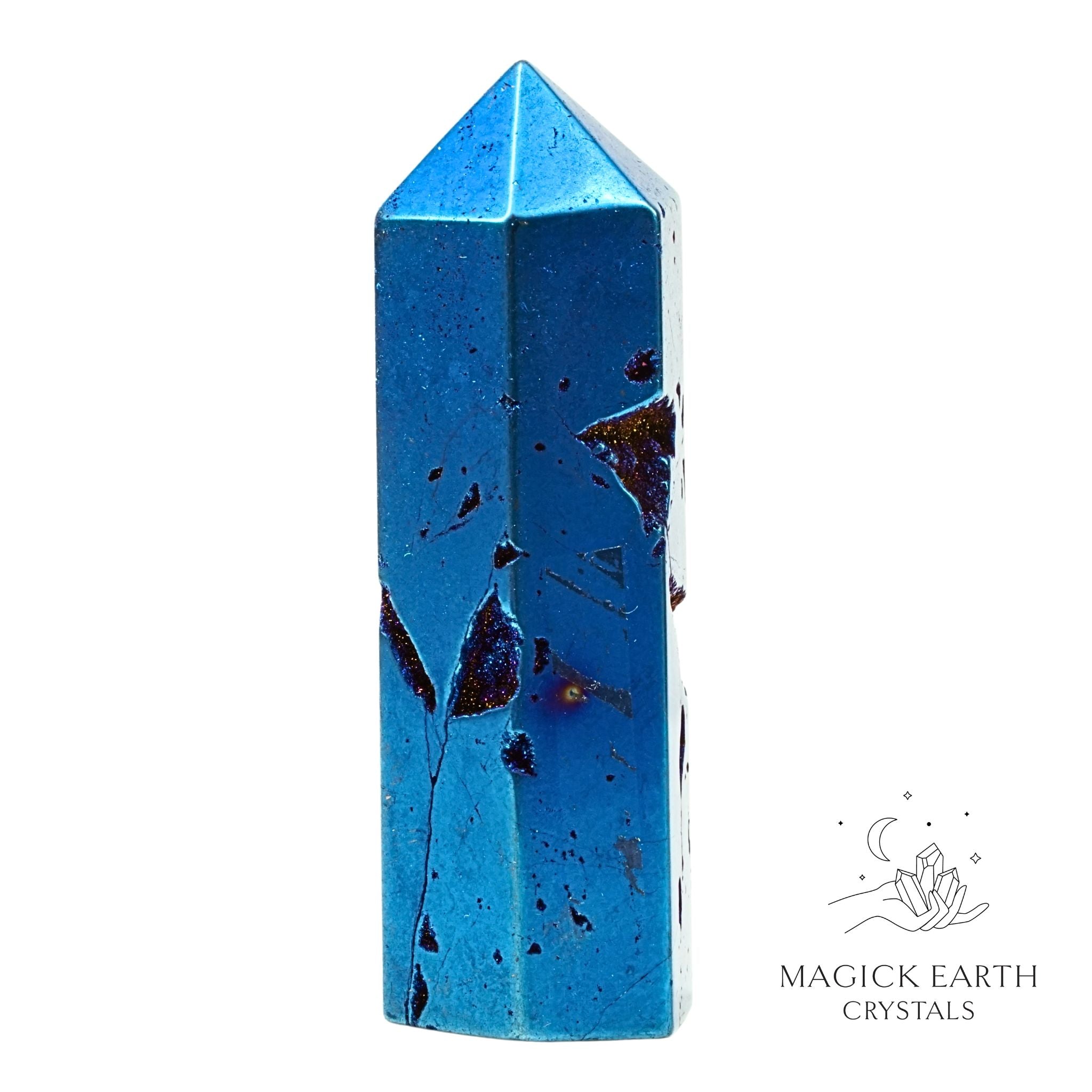 Quartz druzy crystal tower with electroplated blue finish view b