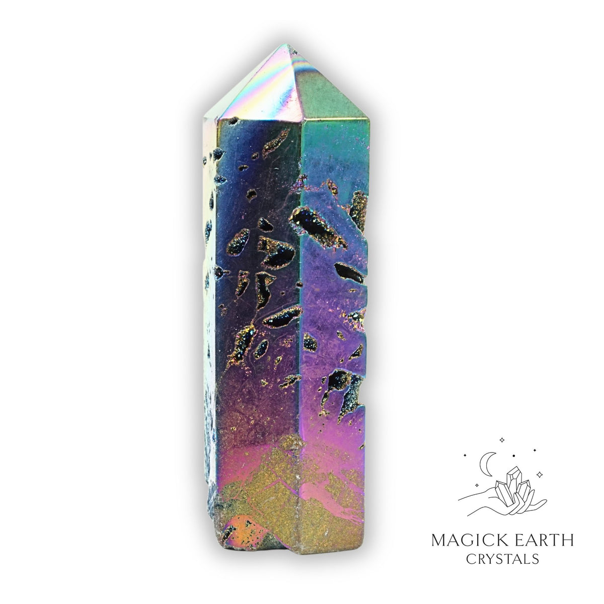 Quartz druzy crystal tower with electroplated rainbow finish view a