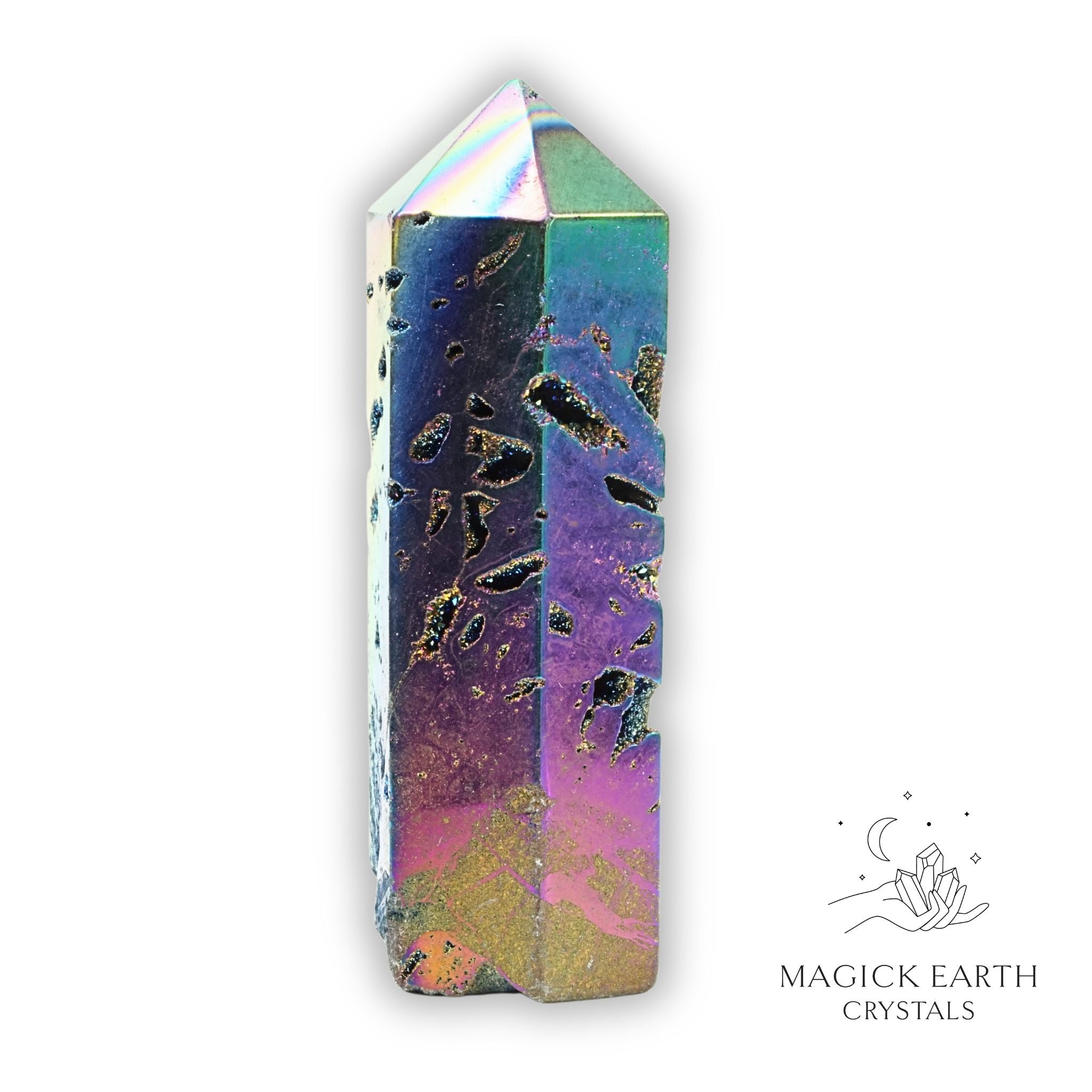 Quartz druzy crystal tower with electroplated rainbow finish view a