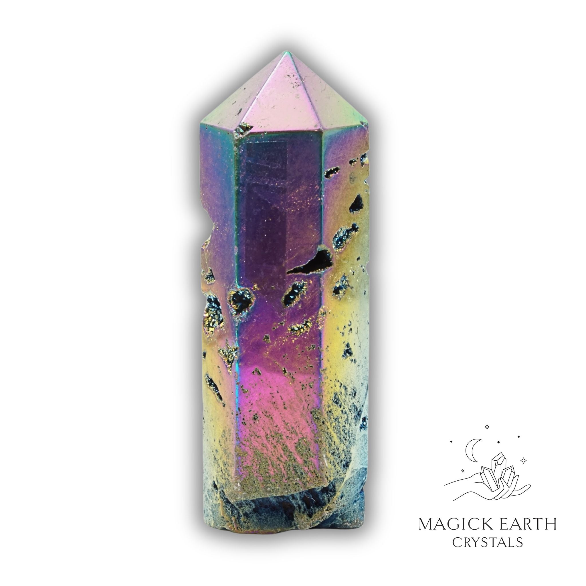 Quartz druzy crystal tower with electroplated rainbow finish view c