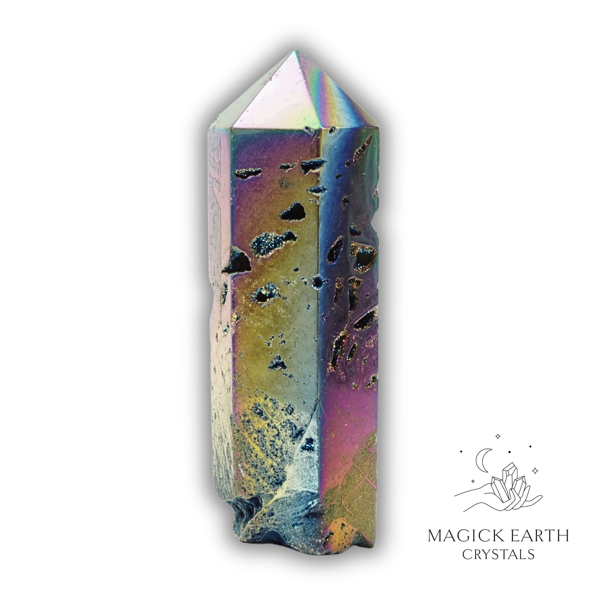 Quartz druzy crystal tower with electroplated rainbow finish view d