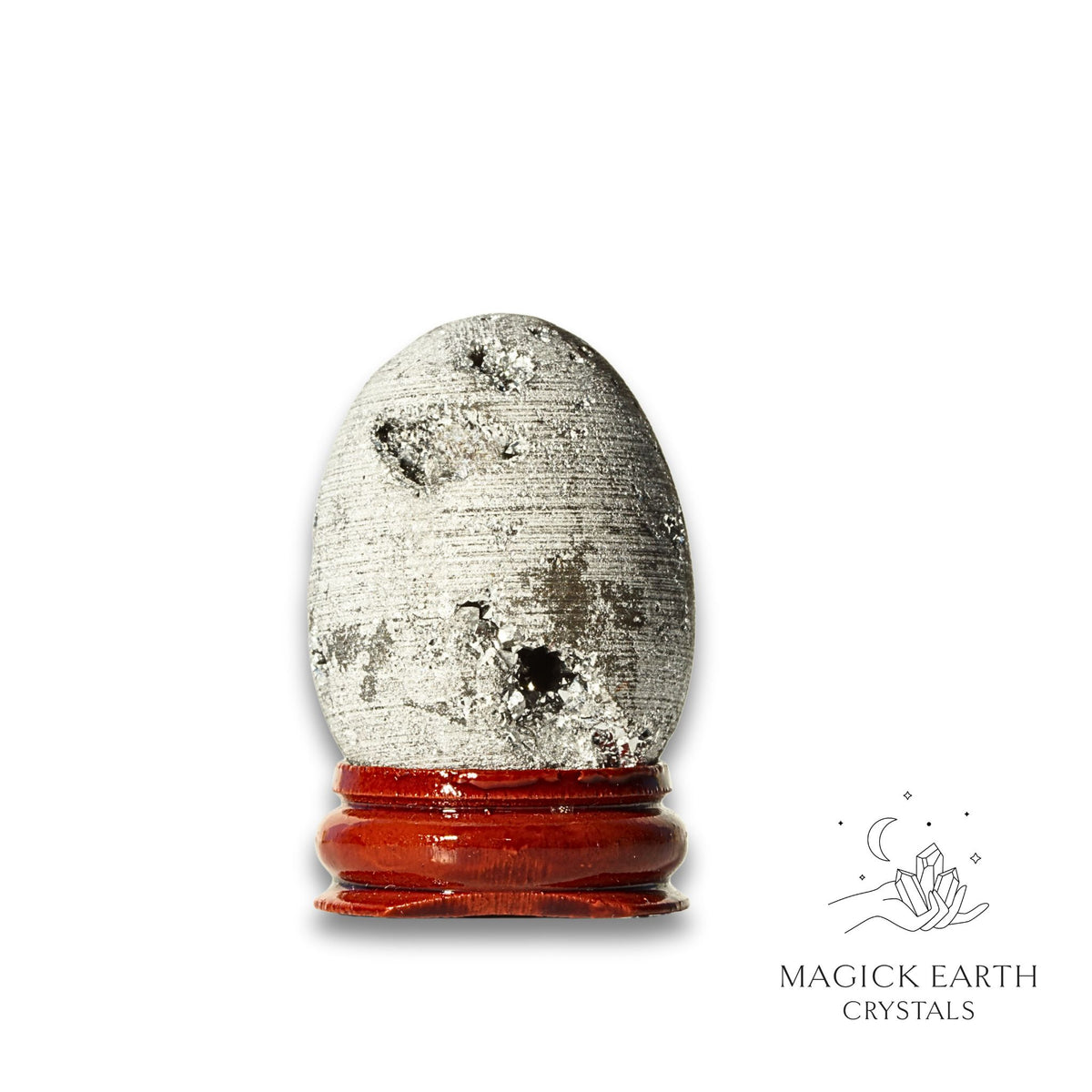 Quartz druzy egg with platinum electroplated finish showing crystal formation view a