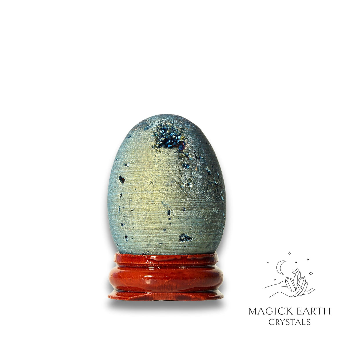 Quartz druzy egg with teal electroplated finish showing crystal formation view a