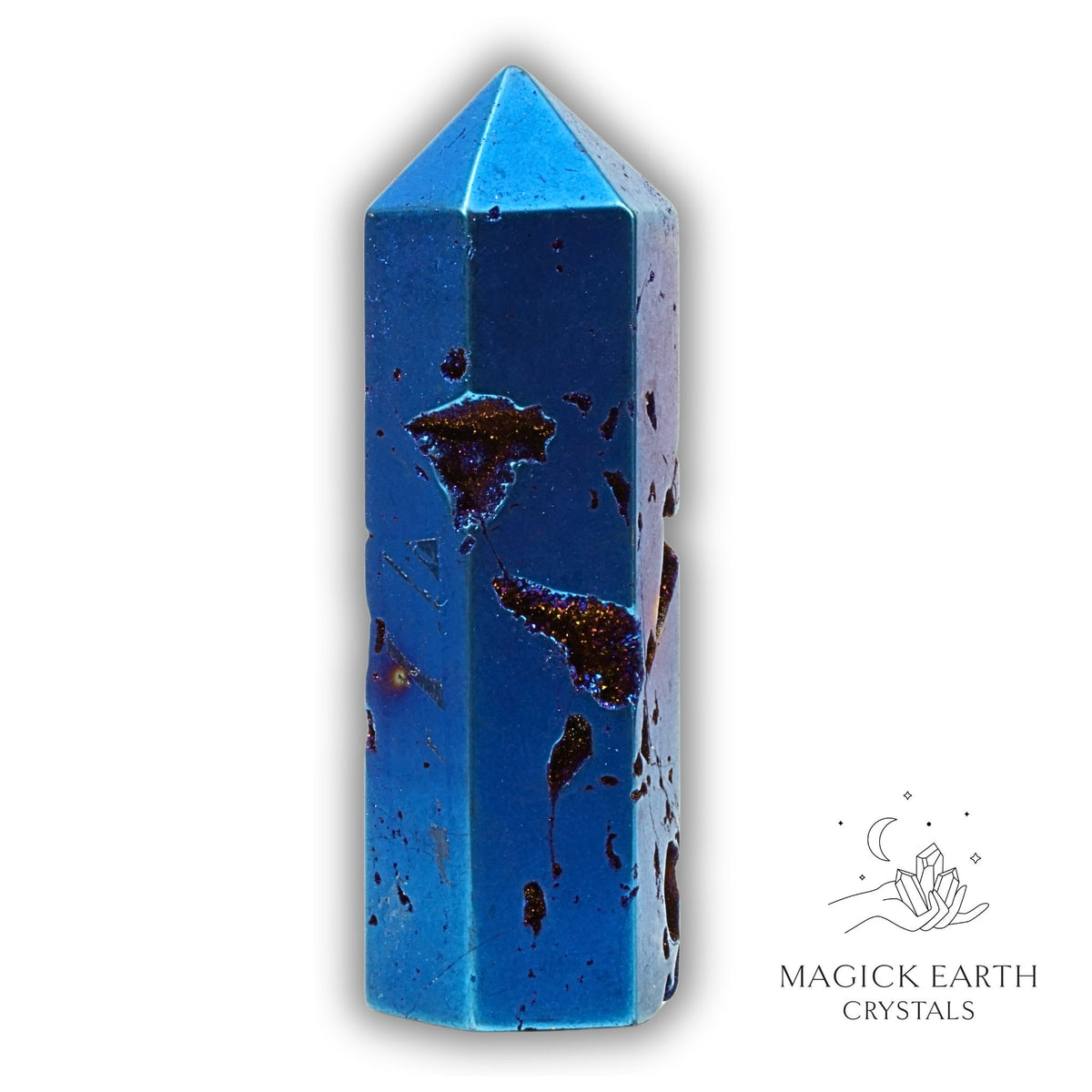 Quartz druzy tower with blue electroplated finish showing crystal formation view a