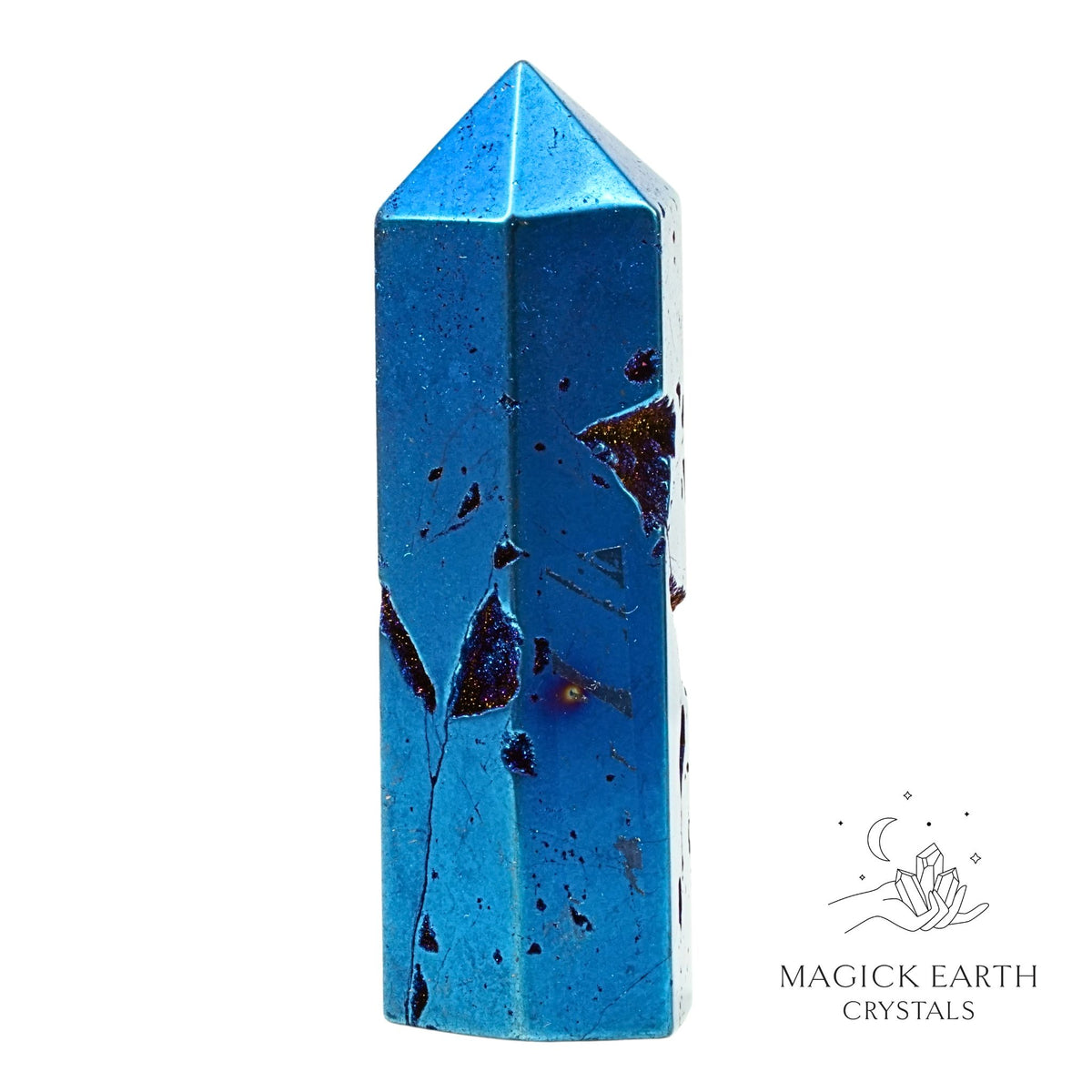 Quartz druzy tower with blue electroplated finish showing crystal formation view b