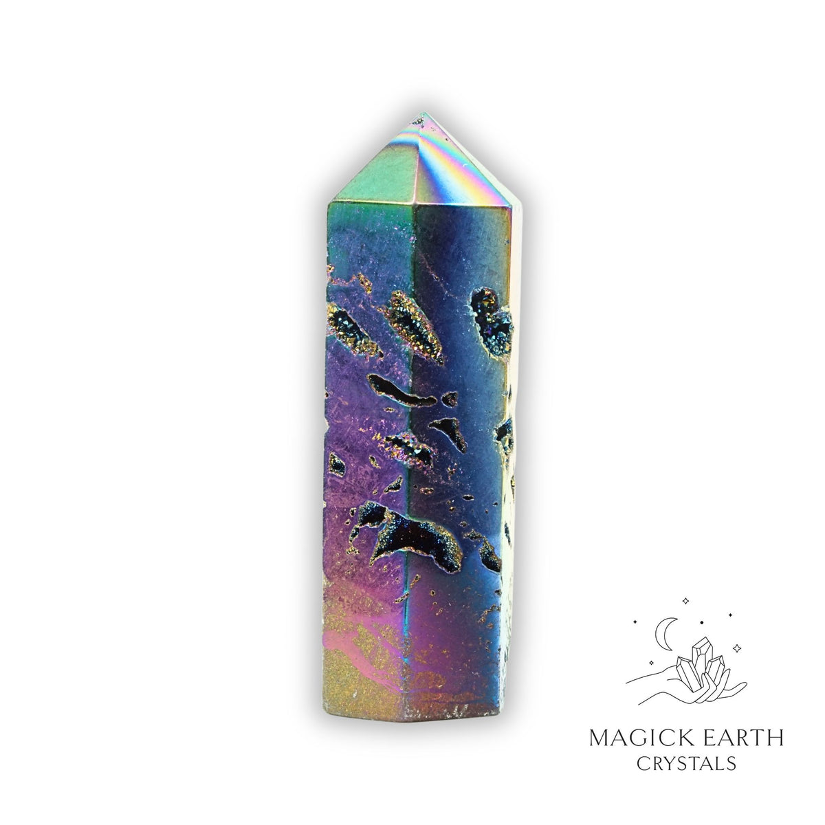 Quartz druzy tower with rainbow electroplated finish showing crystal formation view b
