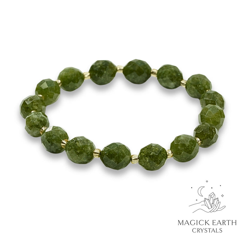 Quartzite (Malaysia Jade) Faceted Bracelet with Stretch Finish in Dark Green (Dyed) for Calm Power
