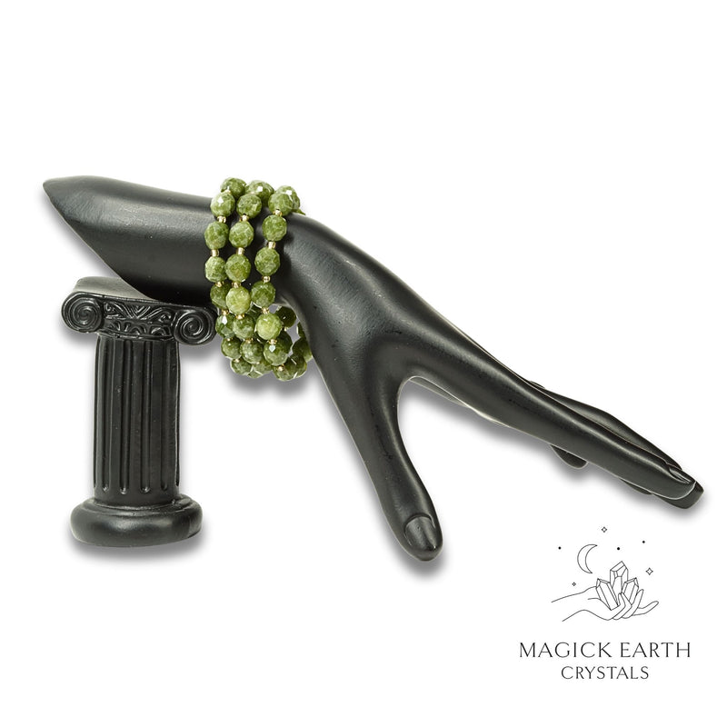 Quartzite (Malaysia Jade) Faceted Bracelet with Stretch Finish in Dark Green (Dyed) for Calm Power