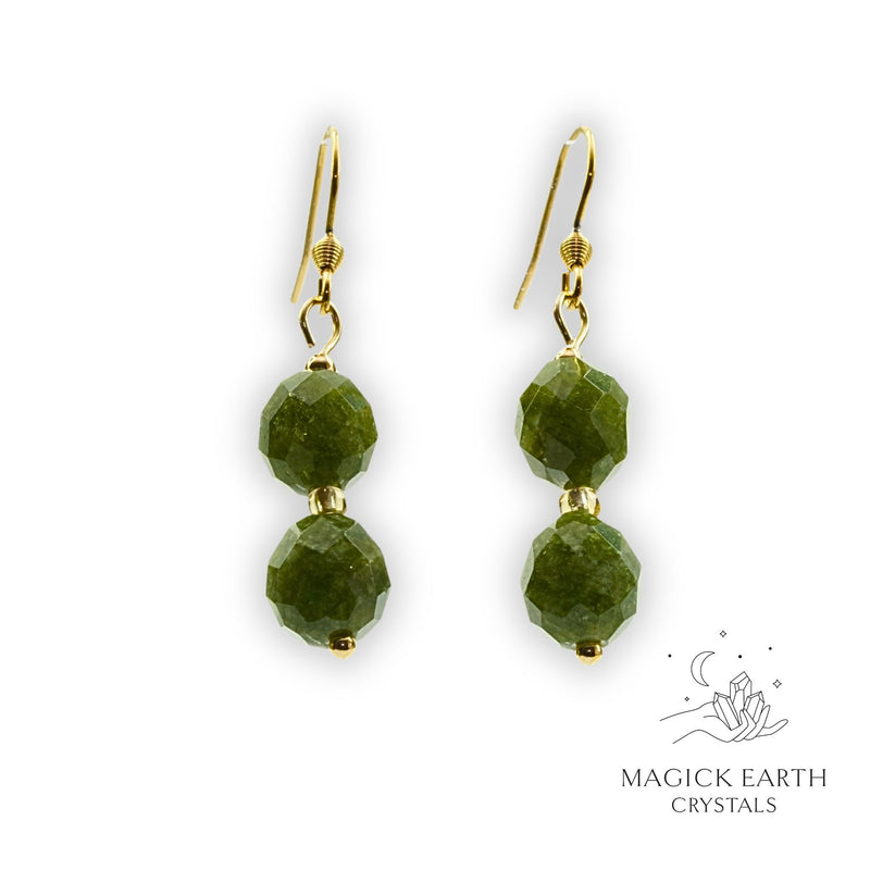 Quartzite (Malaysia Jade) Earrings in Dark Green (Dyed) with Gold Finish for Calm Power