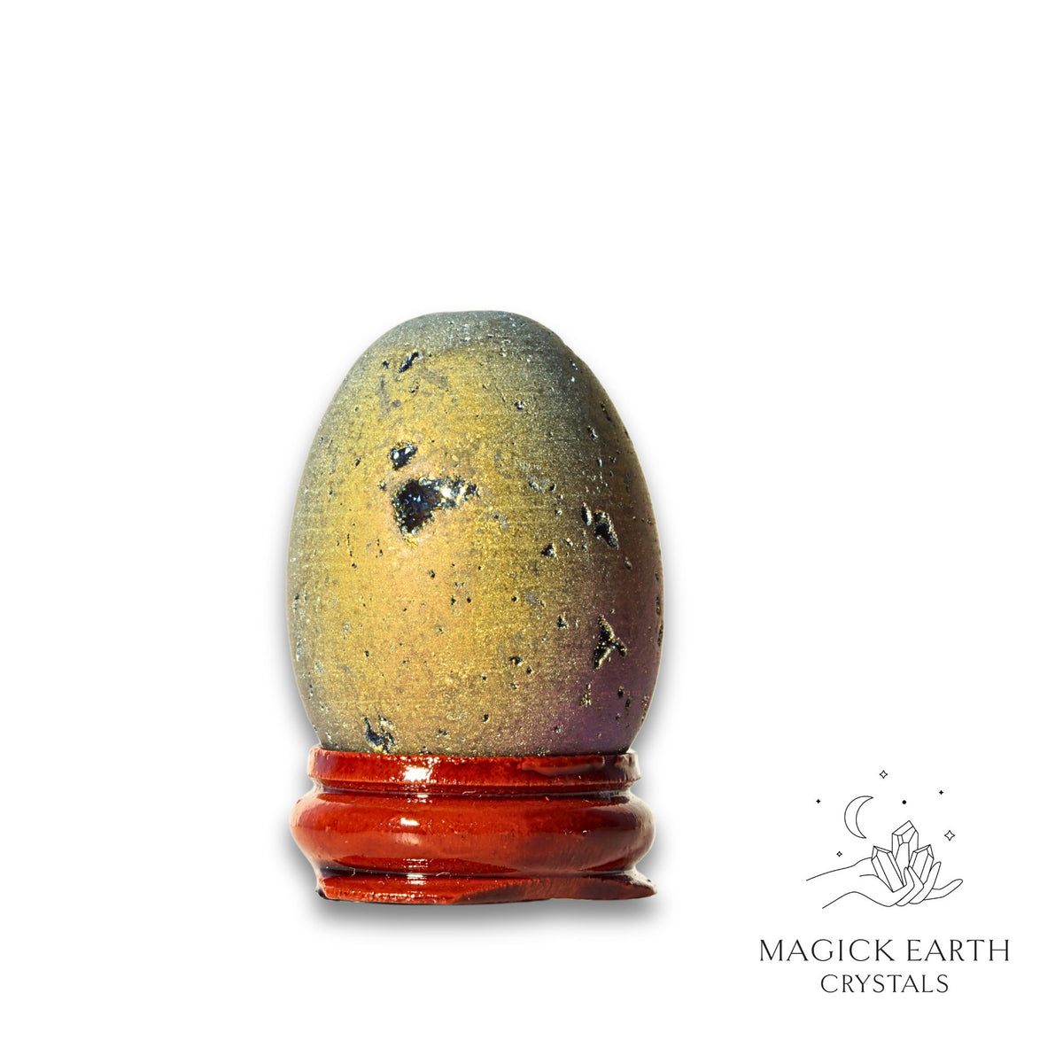 Rainbow Electroplated Druzy Egg  Vertical View A With Stand for Amplified Insight