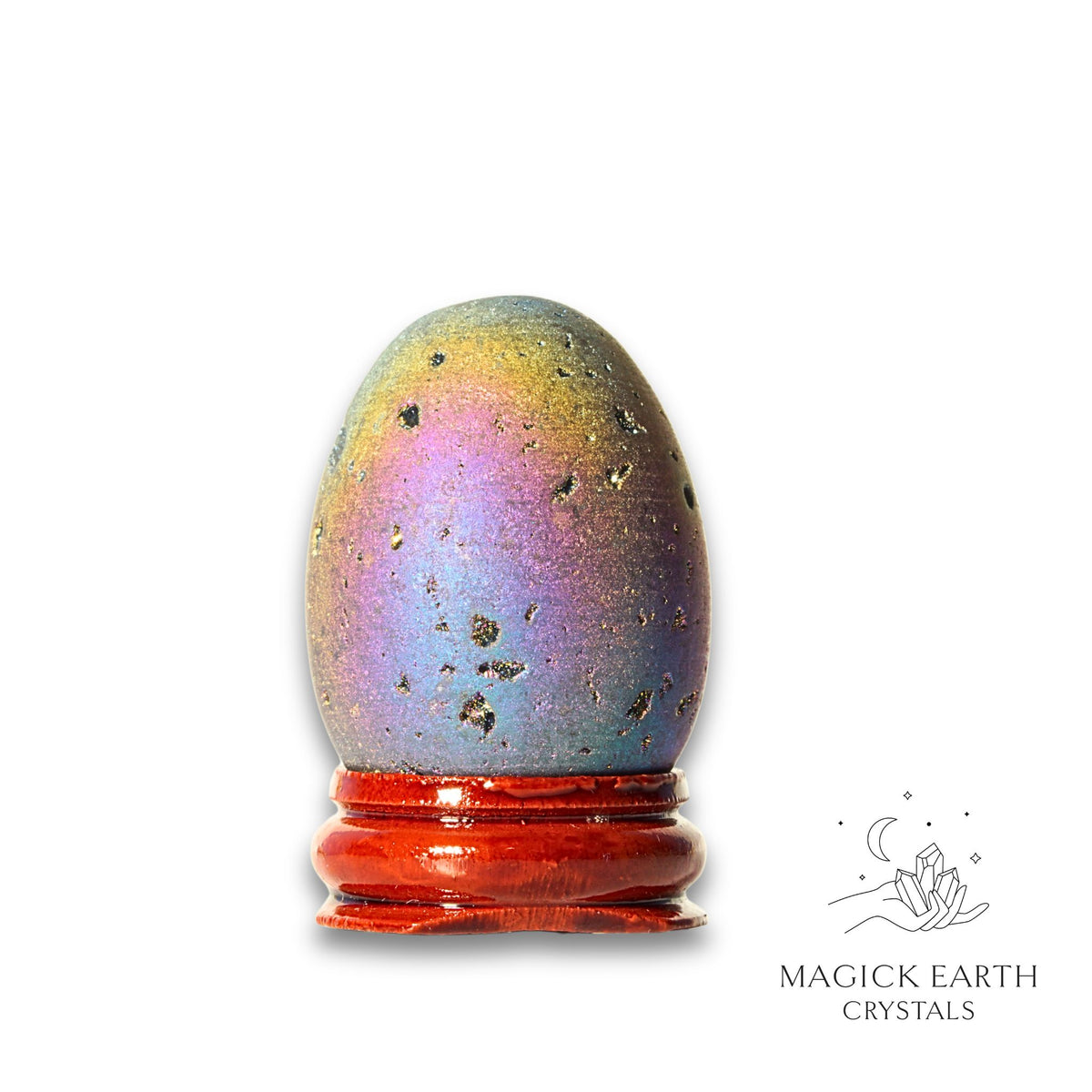 Rainbow Electroplated Druzy Egg  Vertical View C With Stand for Amplified Insight