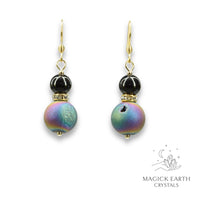 Rainbow Electroplated Druzy Geode and Obsidian Earrings With Gold Finish
