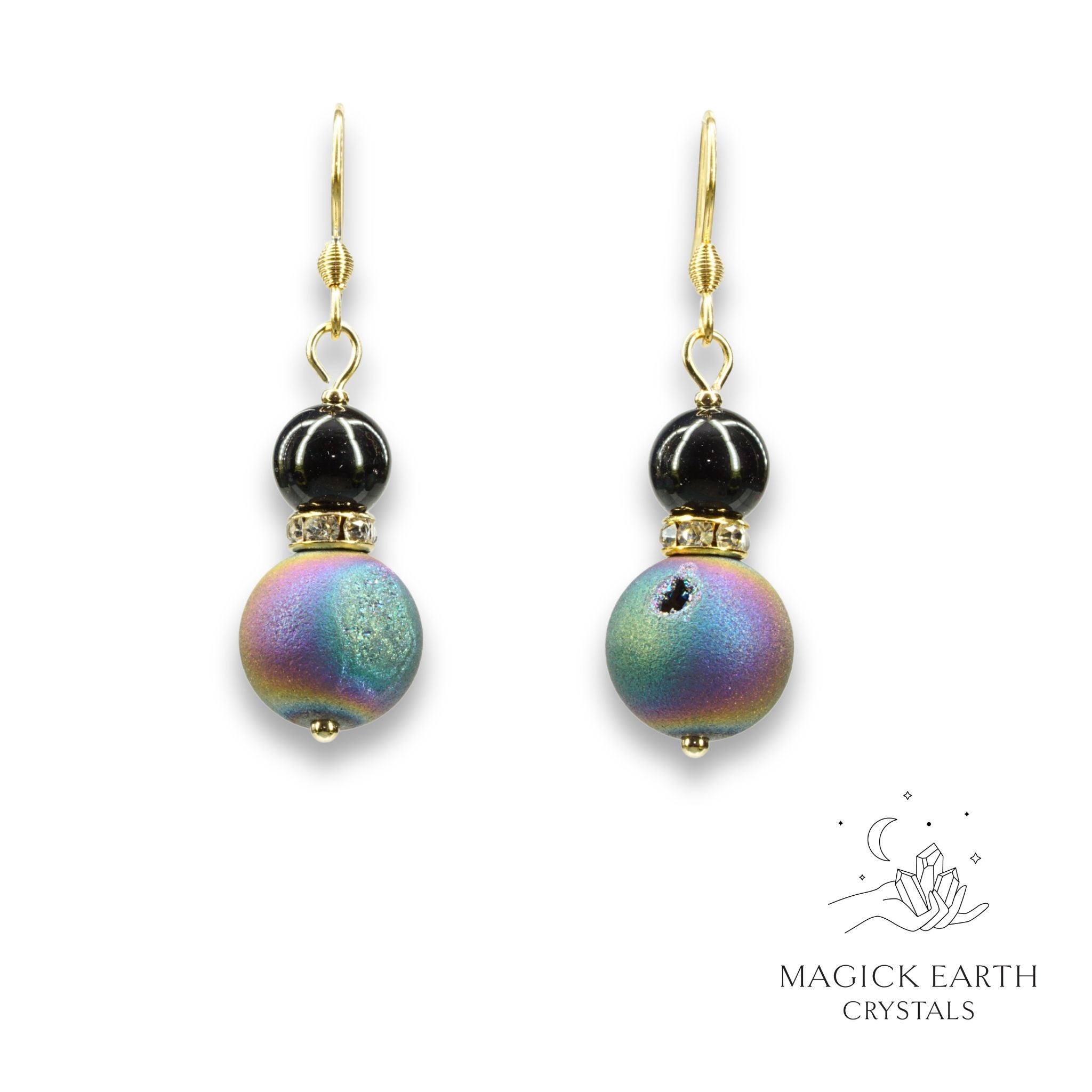 Rainbow Electroplated Druzy Geode and Obsidian Earrings With Gold Finish
